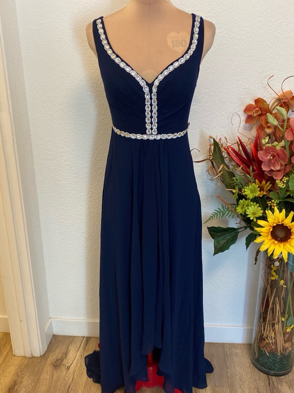 Navy Sleeveless Size 4 Maxi Dress with Rhinestone Trim